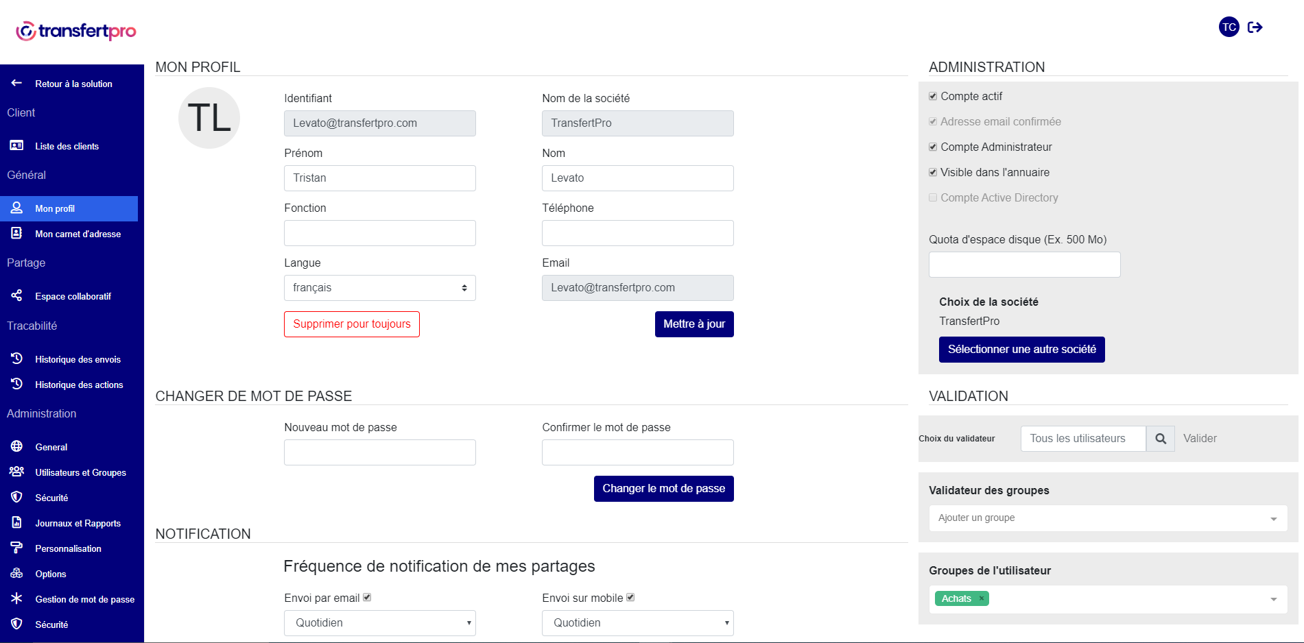 Interface globale de l'utilisateur Tadmin