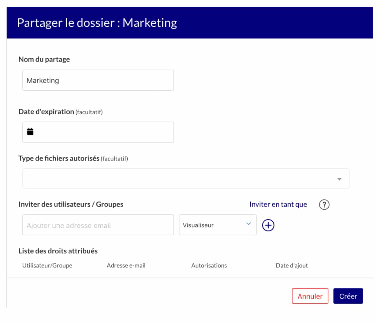 Visuel de l'interface de partage de fichiers