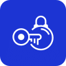 Icône carré bleu avec une clé de chiffrement et un cadenas