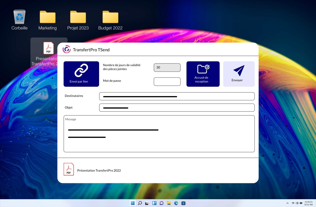 Interface d'envoi de fichiers TransfertPro sur Windows