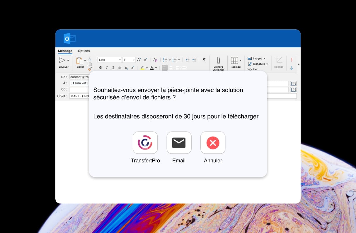Interface plugin d'envoi via Outlook